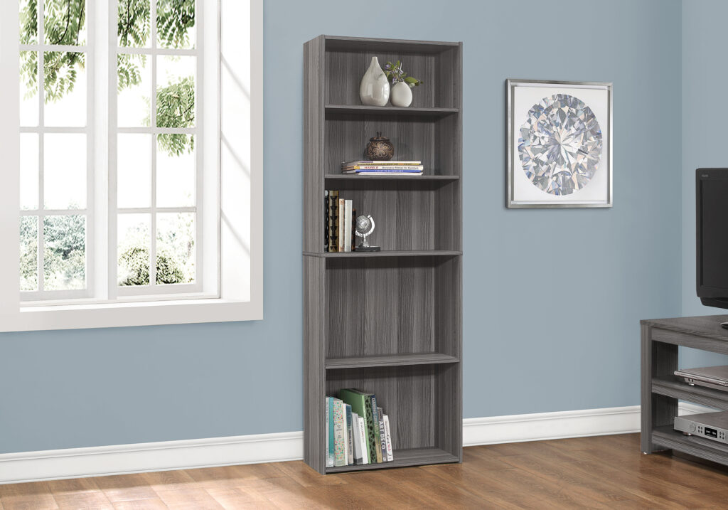 Bookshelf, Bookcase, 6 Tier, 72″H, Office, Bedroom, Grey Laminate, Transitional