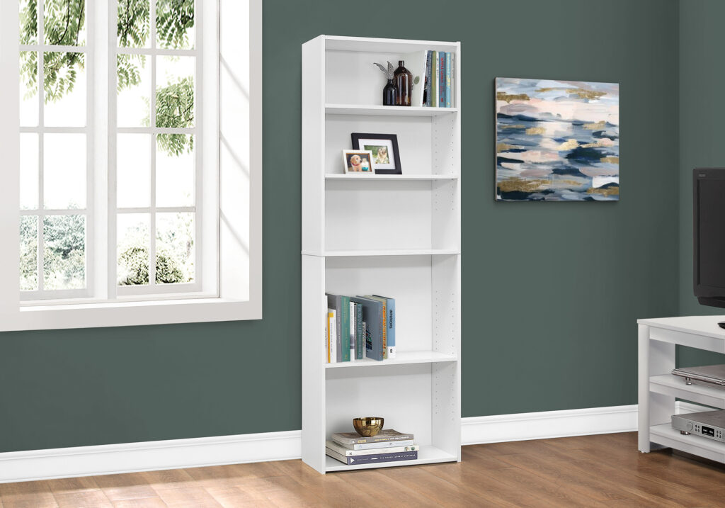 Bookshelf, Bookcase, 6 Tier, 72″H, Office, Bedroom, White Laminate, Transitional