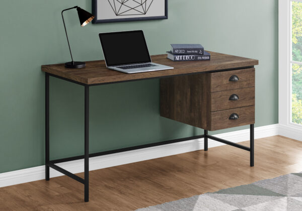 Computer Desk, Home Office, Laptop, Storage Drawers, 55″L, Work, Brown Laminate, Black Metal, Contemporary, Modern