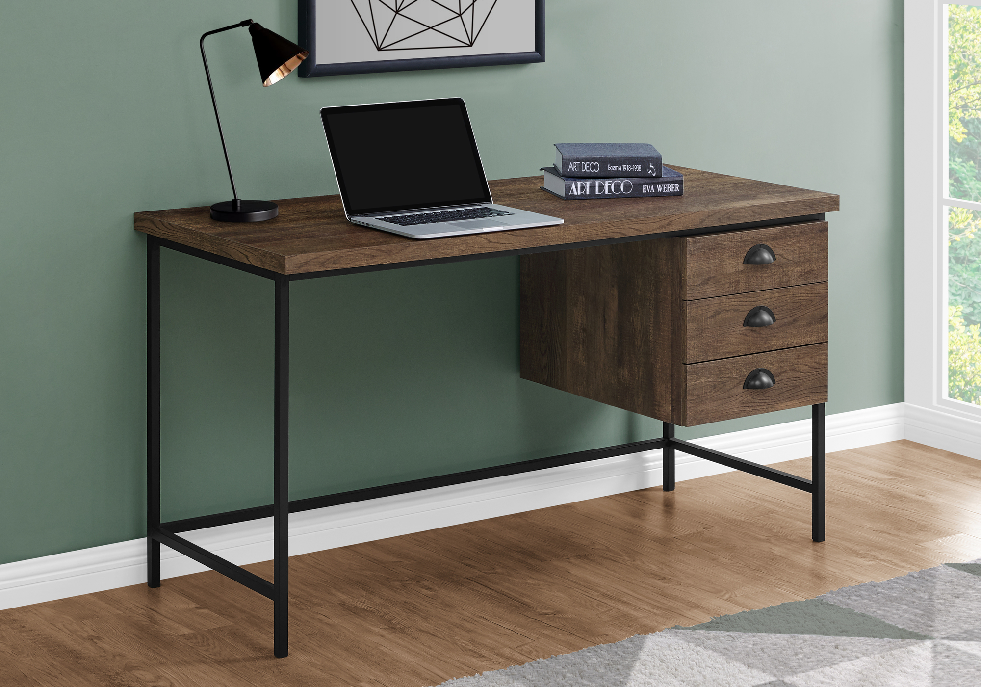 Computer Desk, Home Office, Laptop, Storage Drawers, 55″L, Work, Brown Laminate, Black Metal, Contemporary, Modern