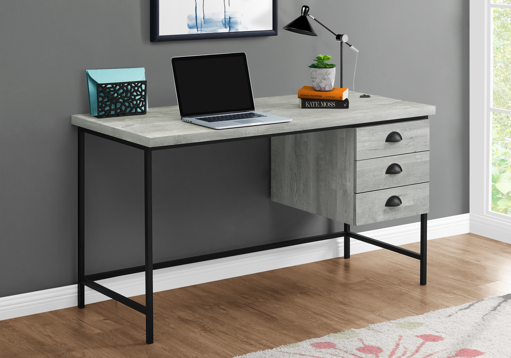 Computer Desk, Home Office, Laptop, Storage Drawers, 55″L, Work, Grey Laminate, Black Metal, Contemporary, Modern