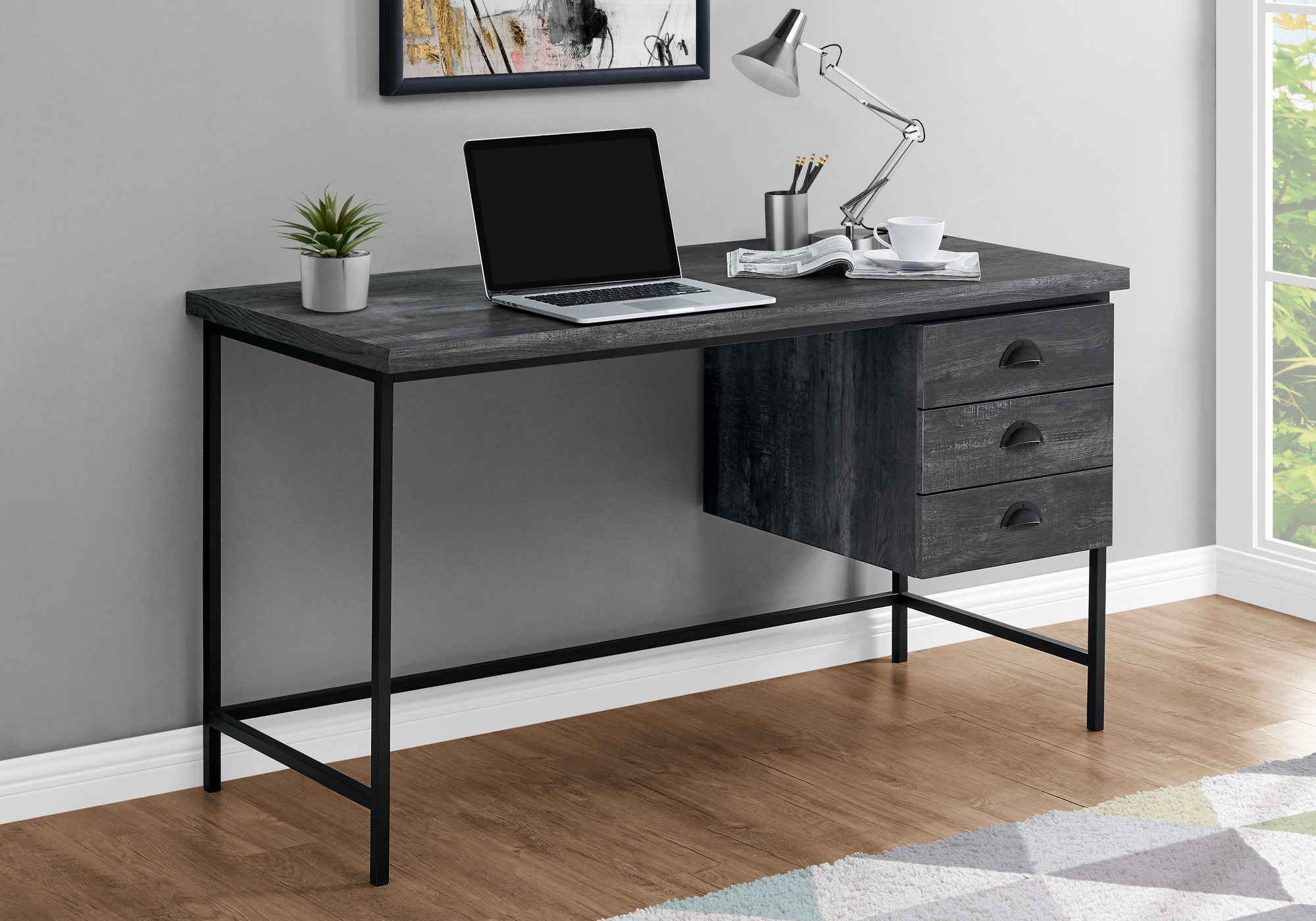 Computer Desk, Home Office, Laptop, Storage Drawers, 55″L, Work, Black Laminate, Black Metal, Contemporary, Modern