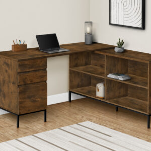 Computer Desk, Home Office, Corner, Storage Drawers, 60"L, L Shape, Work, Laptop, Brown Laminate, Black Metal, Contemporary, Modern