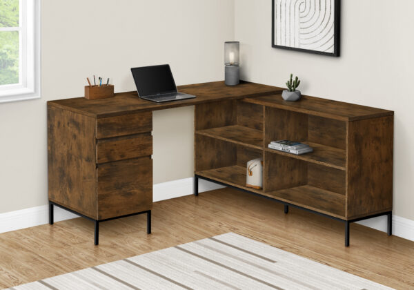 Computer Desk, Home Office, Corner, Storage Drawers, 60″L, L Shape, Work, Laptop, Brown Laminate, Black Metal, Contemporary, Modern