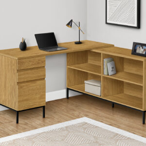 Computer Desk, Home Office, Corner, Storage Drawers, 60"L, L Shape, Work, Laptop, Brown Laminate, Black Metal, Contemporary, Modern