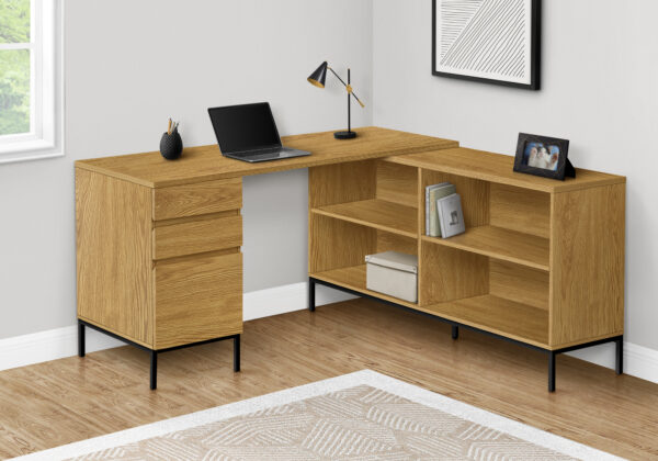 Computer Desk, Home Office, Corner, Storage Drawers, 60″L, L Shape, Work, Laptop, Brown Laminate, Black Metal, Contemporary, Modern