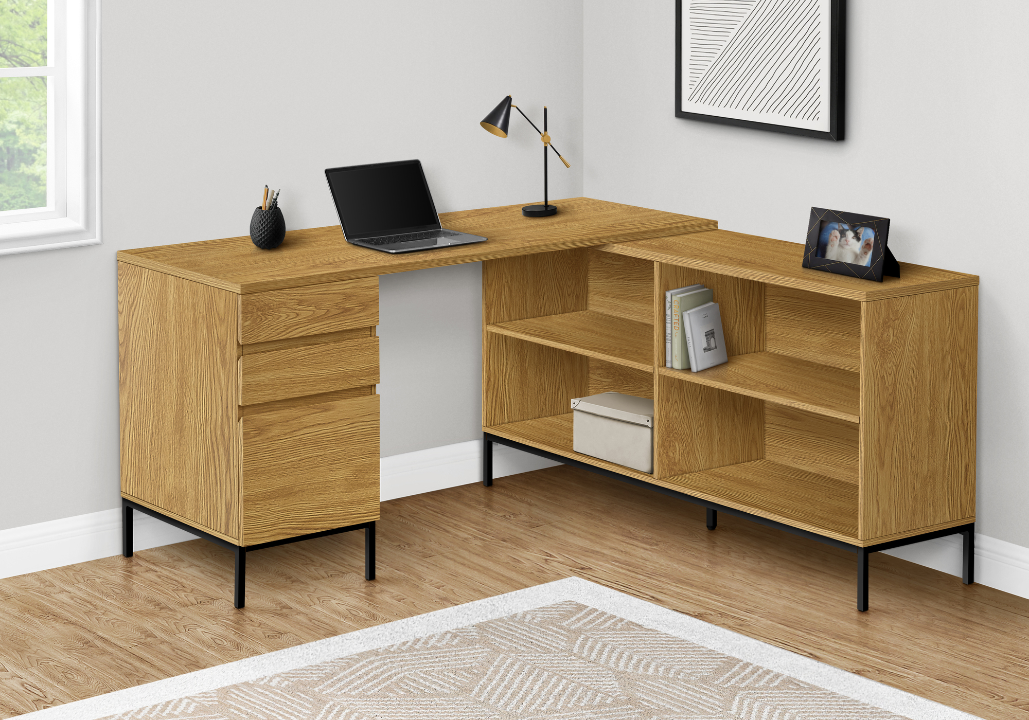 Computer Desk, Home Office, Corner, Storage Drawers, 60″L, L Shape, Work, Laptop, Brown Laminate, Black Metal, Contemporary, Modern