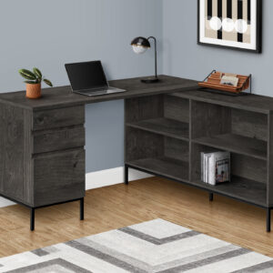 Computer Desk, Home Office, Corner, Storage Drawers, 60"L, L Shape, Work, Laptop, Grey Laminate, Black Metal, Contemporary, Modern