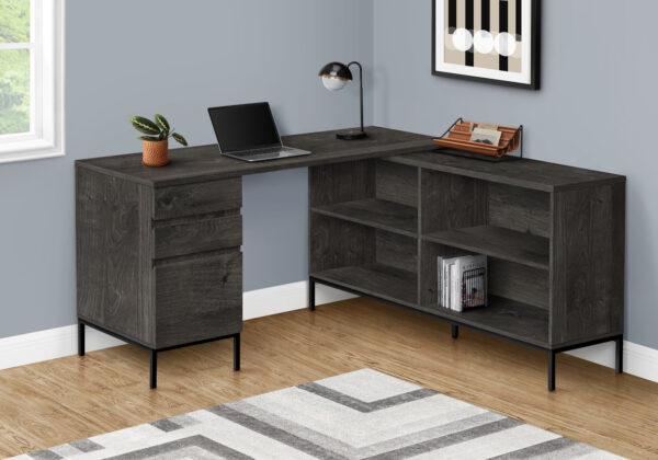 Computer Desk, Home Office, Corner, Storage Drawers, 60″L, L Shape, Work, Laptop, Grey Laminate, Black Metal, Contemporary, Modern