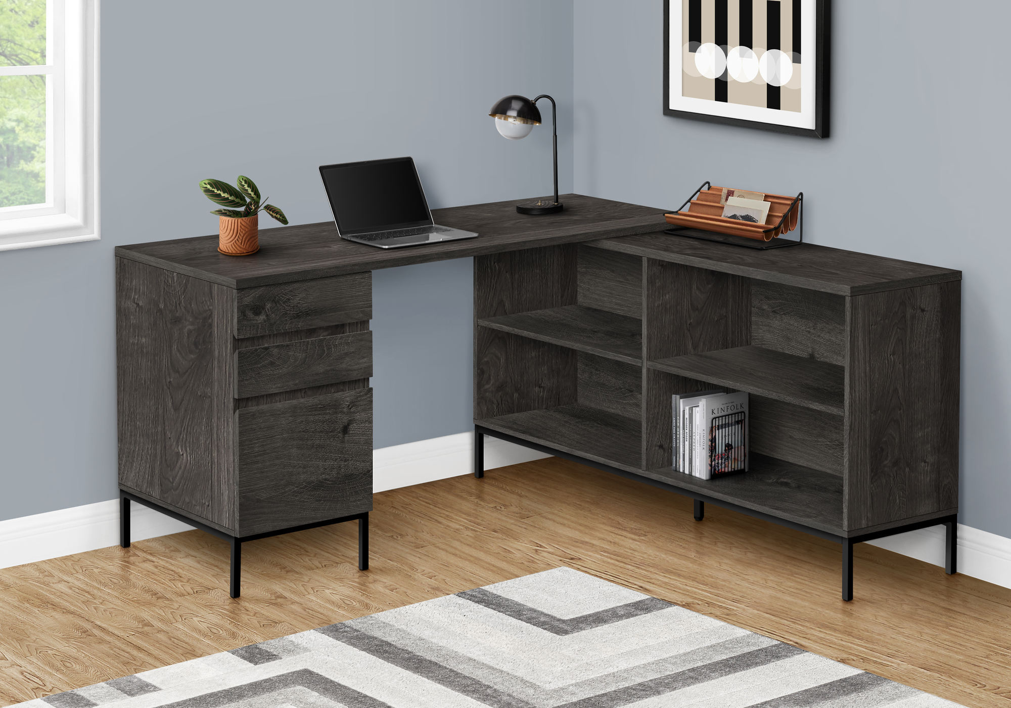 Computer Desk, Home Office, Corner, Storage Drawers, 60″L, L Shape, Work, Laptop, Grey Laminate, Black Metal, Contemporary, Modern