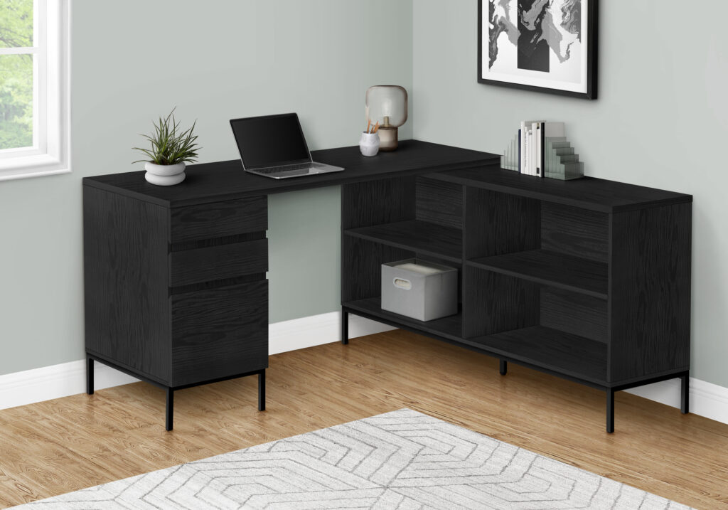 Computer Desk, Home Office, Corner, Storage Drawers, 60″L, L Shape, Work, Laptop, Black Laminate, Black Metal, Contemporary, Modern