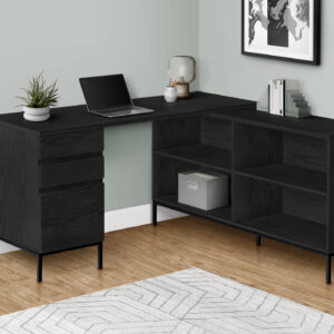 Computer Desk, Home Office, Corner, Storage Drawers, 60"L, L Shape, Work, Laptop, Black Laminate, Black Metal, Contemporary, Modern