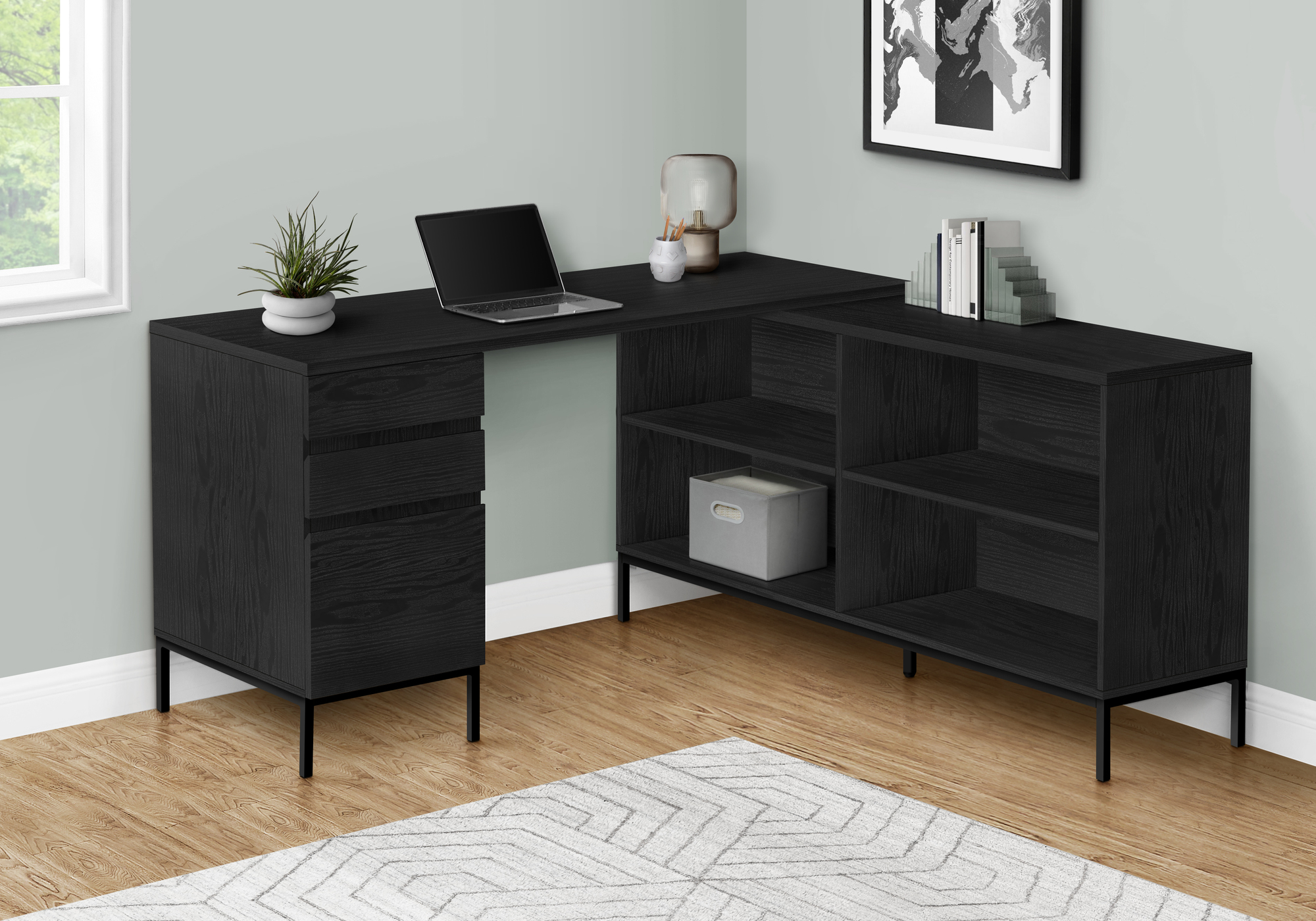 Computer Desk, Home Office, Corner, Storage Drawers, 60″L, L Shape, Work, Laptop, Black Laminate, Black Metal, Contemporary, Modern