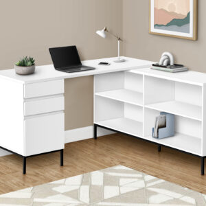 Computer Desk, Home Office, Corner, Storage Drawers, 60"L, L Shape, Work, Laptop, White Laminate, Black Metal, Contemporary, Modern