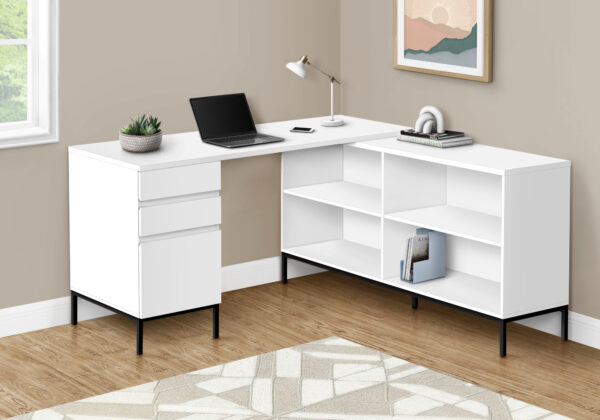 Computer Desk, Home Office, Corner, Storage Drawers, 60″L, L Shape, Work, Laptop, White Laminate, Black Metal, Contemporary, Modern