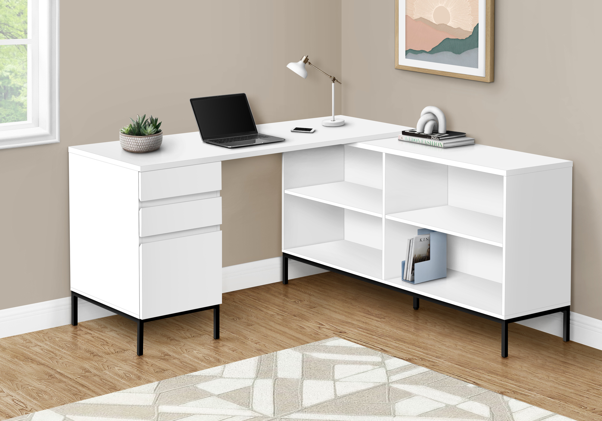 Computer Desk, Home Office, Corner, Storage Drawers, 60″L, L Shape, Work, Laptop, White Laminate, Black Metal, Contemporary, Modern