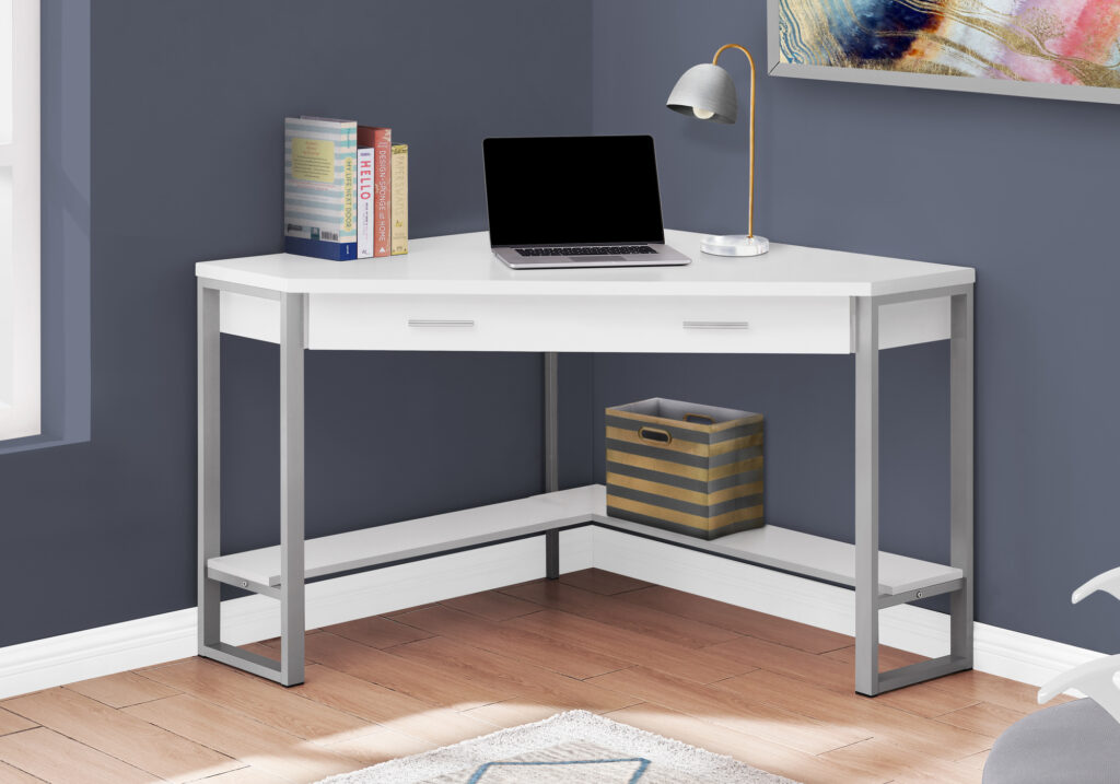 Computer Desk, Home Office, Corner, Storage Drawers, 42″L, Work, Laptop, White Laminate, Grey Metal, Contemporary, Modern
