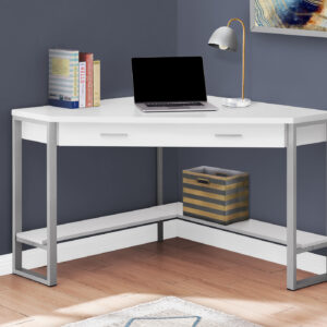 Computer Desk, Home Office, Corner, Storage Drawers, 42"L, Work, Laptop, White Laminate, Grey Metal, Contemporary, Modern