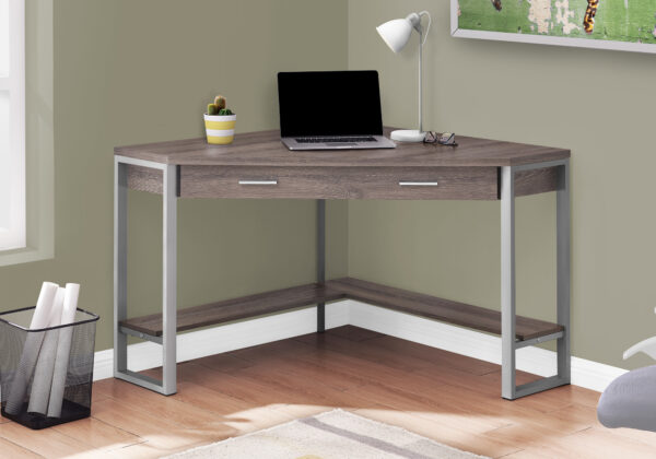 Computer Desk, Home Office, Corner, Storage Drawers, 42″L, Work, Laptop, Brown Laminate, Grey Metal, Contemporary, Modern