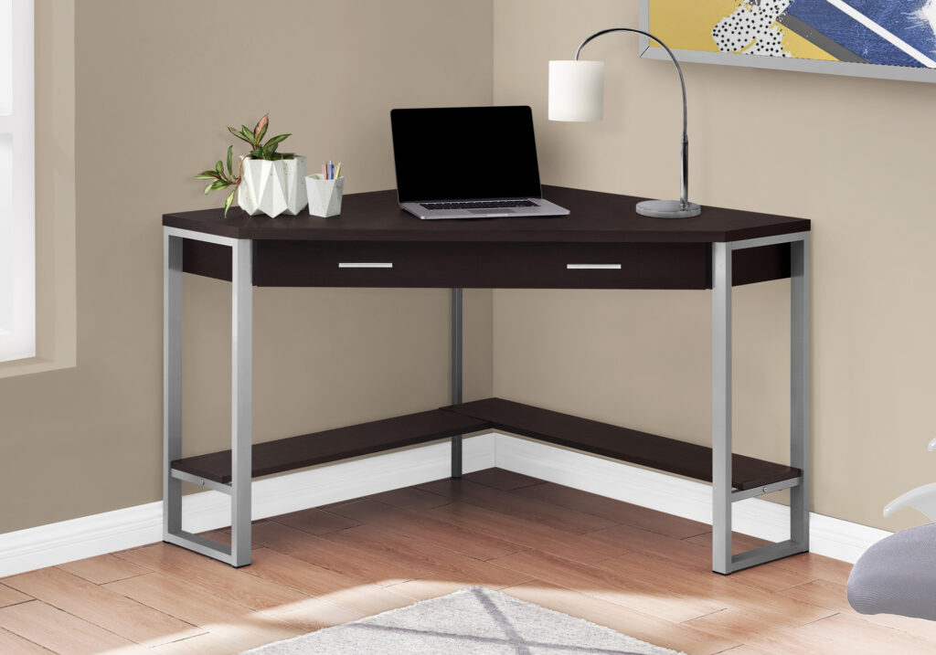 Computer Desk, Home Office, Corner, Storage Drawers, 42″L, Work, Laptop, Brown Laminate, Grey Metal, Contemporary, Modern