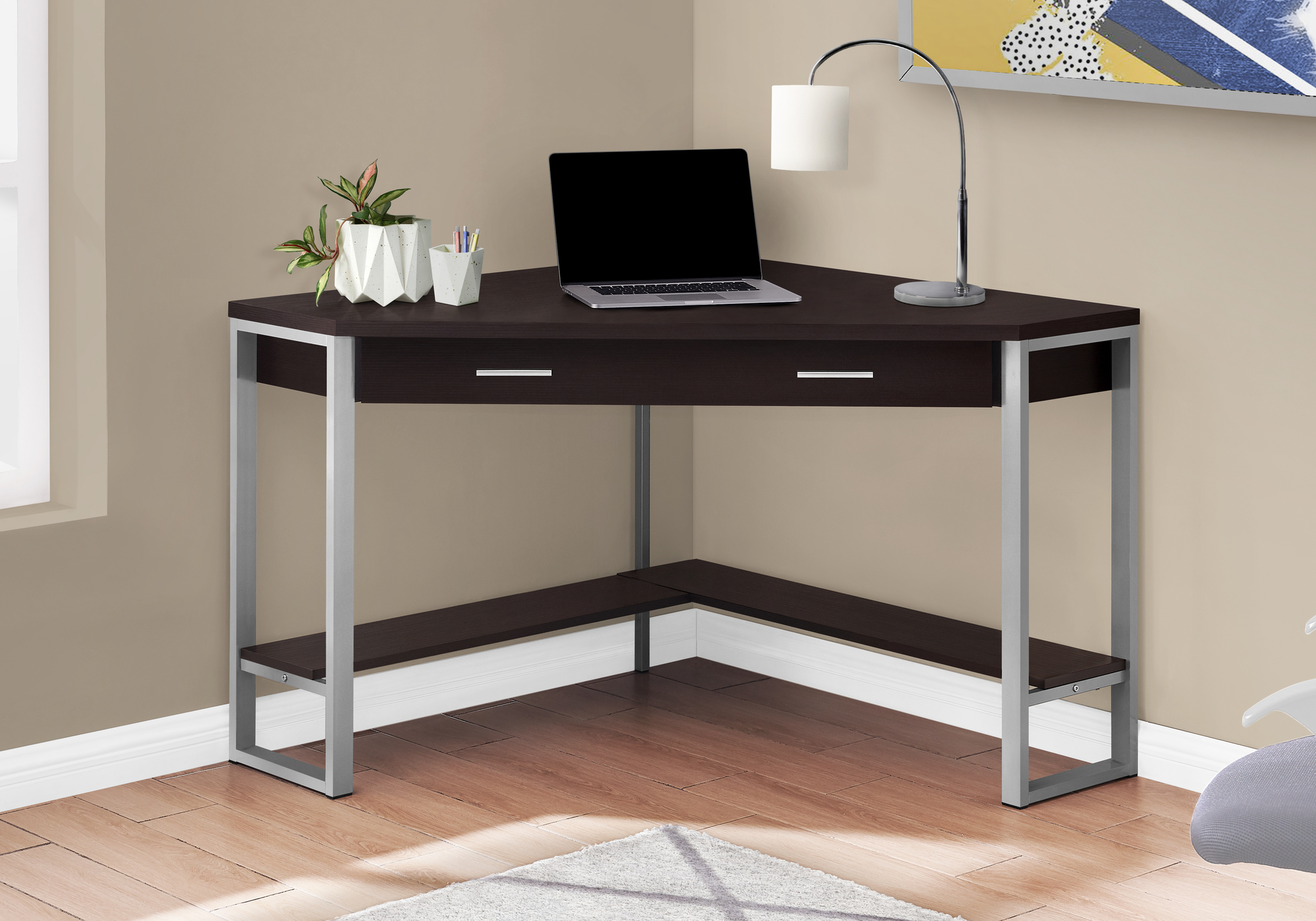 Computer Desk, Home Office, Corner, Storage Drawers, 42″L, Work, Laptop, Brown Laminate, Grey Metal, Contemporary, Modern