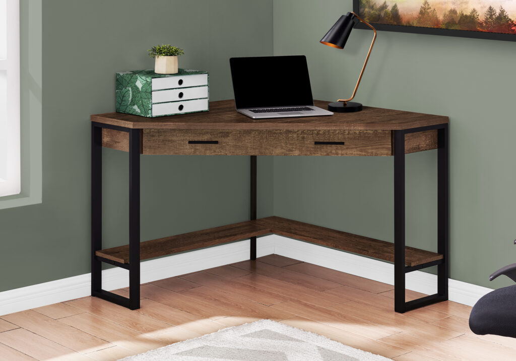 Computer Desk, Home Office, Corner, Storage Drawers, 42″L, Work, Laptop, Brown Laminate, Black Metal, Contemporary, Modern