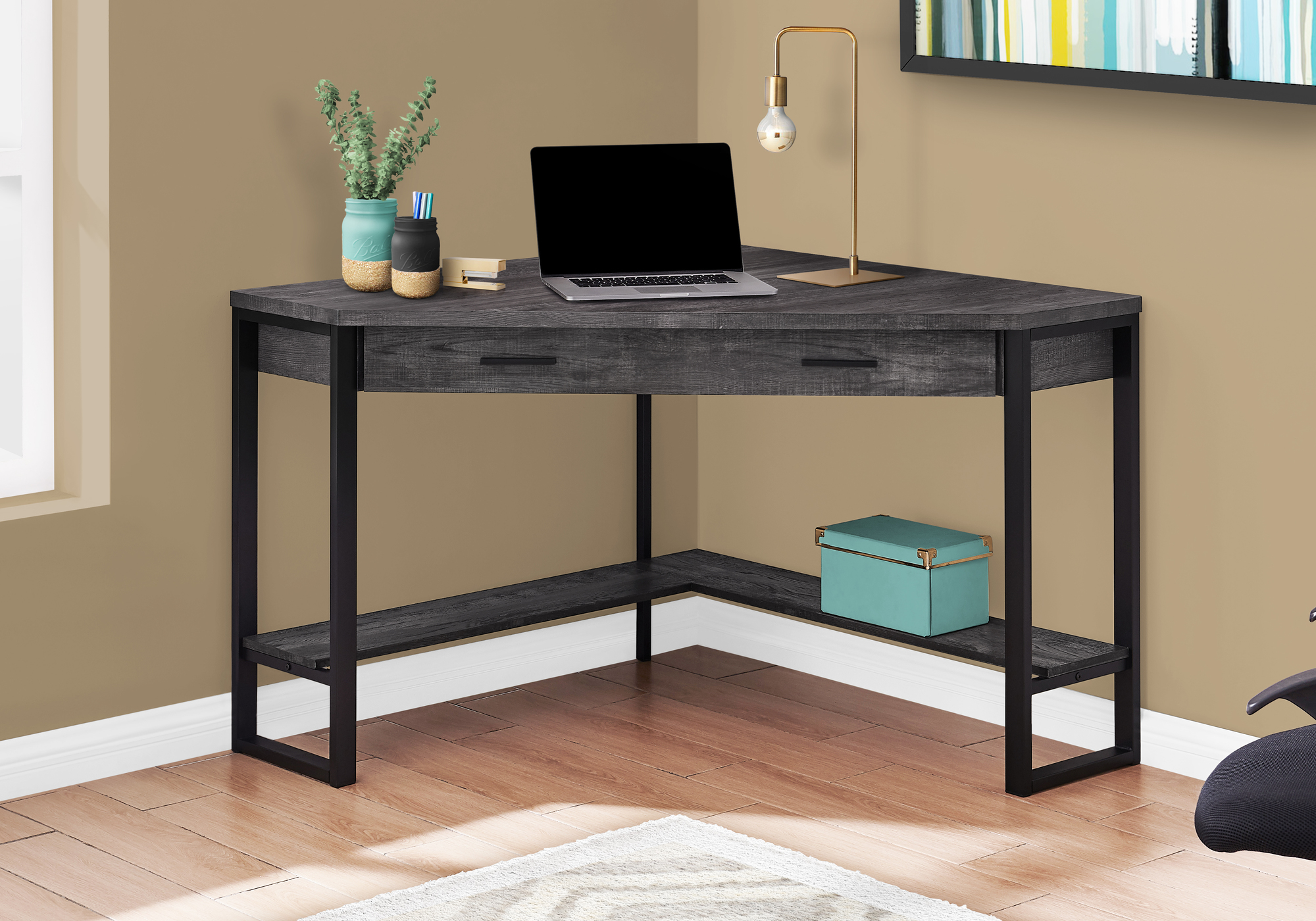 Computer Desk, Home Office, Corner, Storage Drawers, 42″L, Work, Laptop, Black Laminate, Black Metal, Contemporary, Modern
