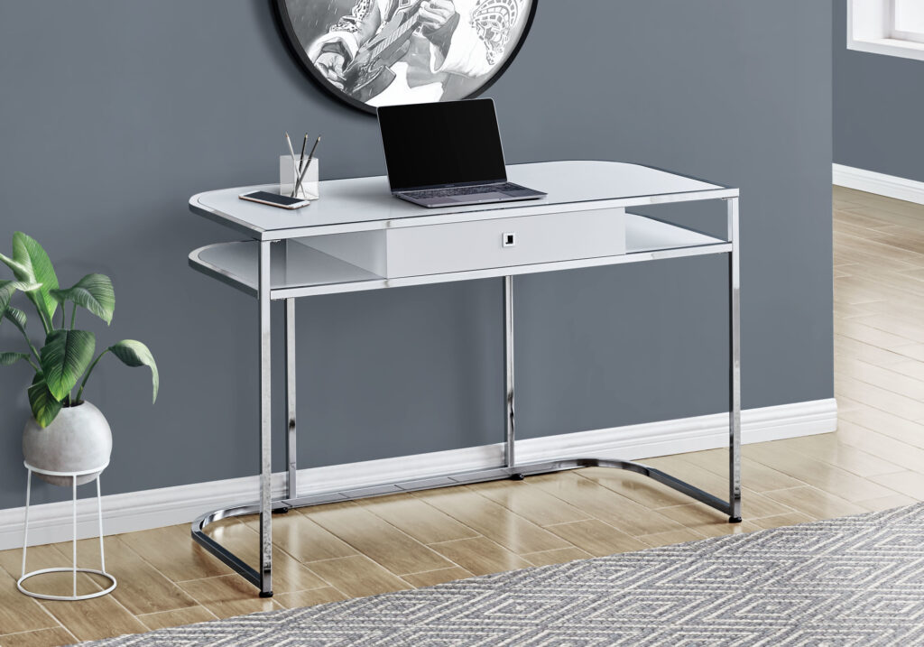 Computer Desk, Home Office, Laptop, Storage Drawers, 48″L, Work, White Laminate, Chrome Metal, Contemporary, Modern