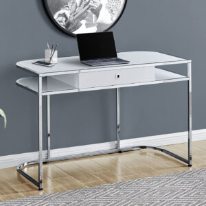 Computer Desk, Home Office, Laptop, Storage Drawers, 48"L, Work, White Laminate, Chrome Metal, Contemporary, Modern