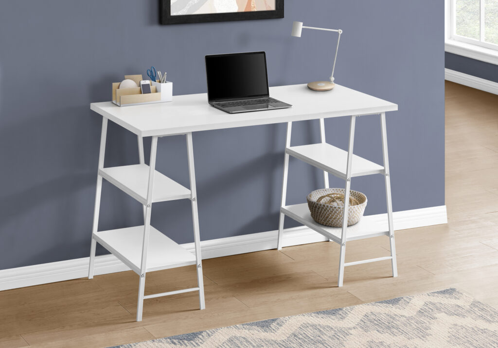 Computer Desk, Home Office, Laptop, Storage Shelves, 48″L, Work, White Laminate, White Metal, Contemporary, Modern