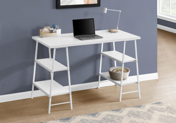 Computer Desk, Home Office, Laptop, Storage Shelves, 48″L, Work, White Laminate, White Metal, Contemporary, Modern