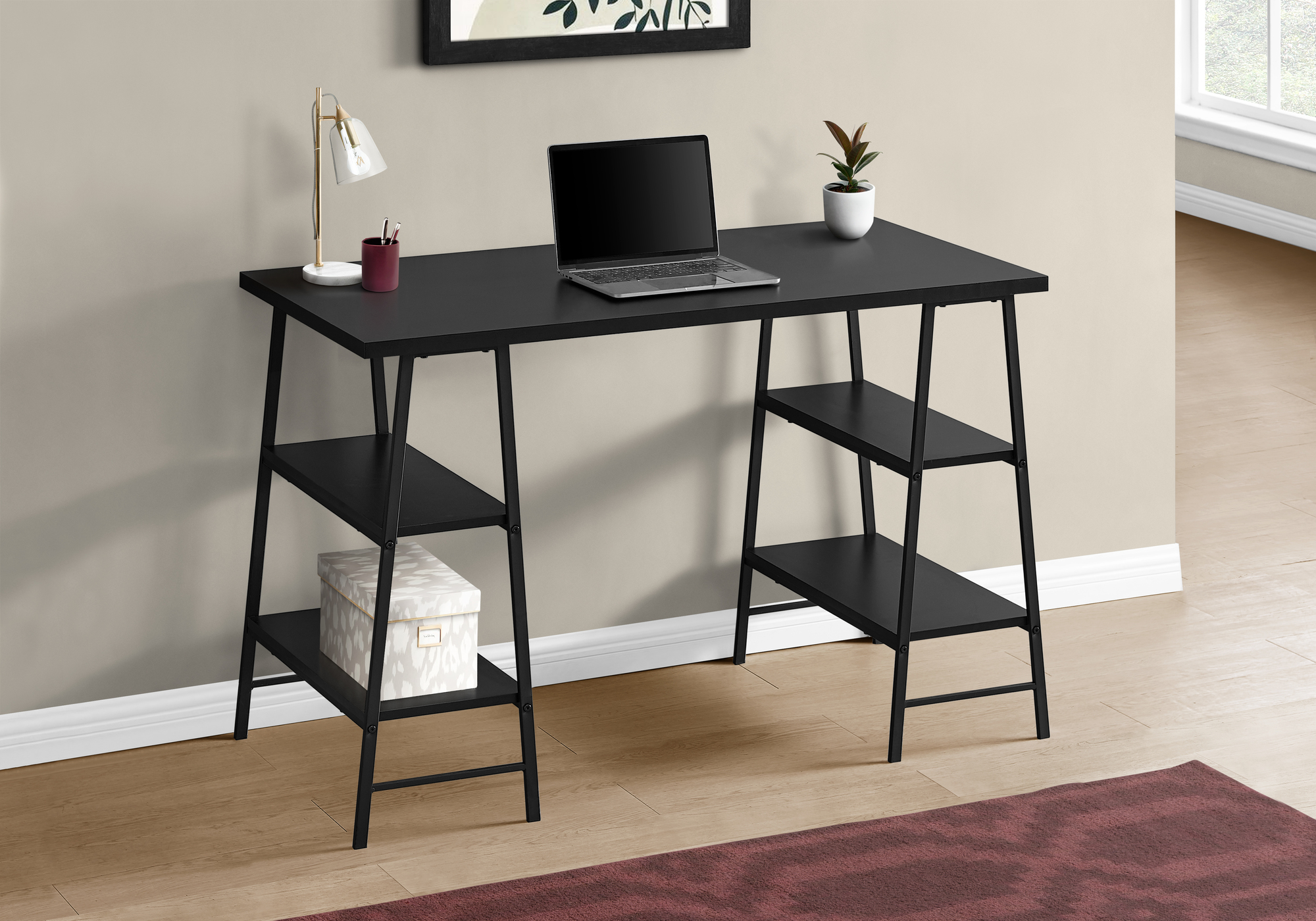 Computer Desk, Home Office, Laptop, Storage Shelves, 48″L, Work, Black Laminate, Black Metal, Contemporary, Modern