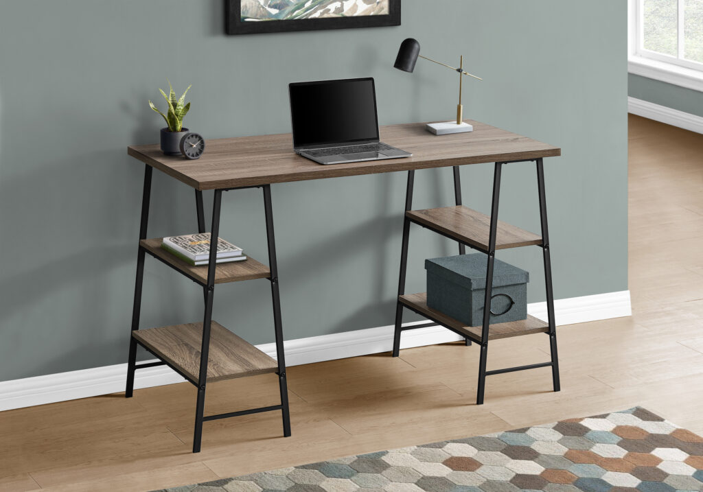 Computer Desk, Home Office, Laptop, Storage Shelves, 48″L, Work, Brown Laminate, Black Metal, Contemporary, Modern