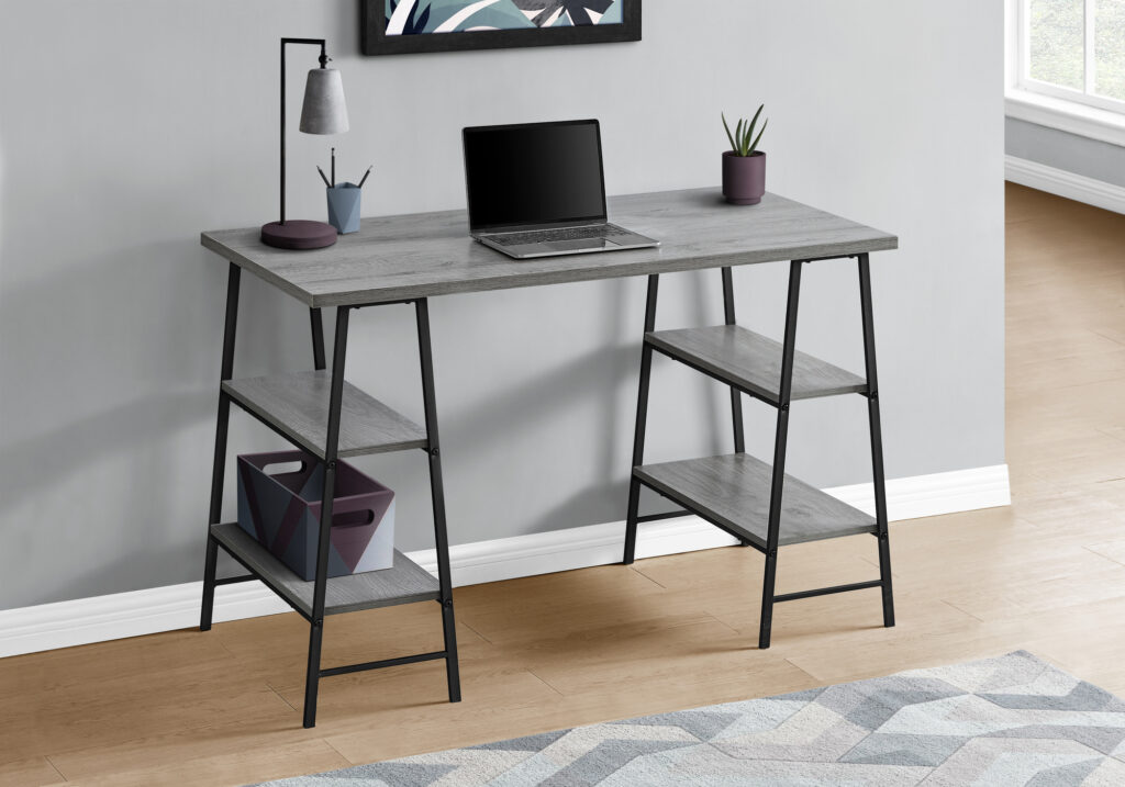 Computer Desk, Home Office, Laptop, Storage Shelves, 48″L, Work, Grey Laminate, Black Metal, Contemporary, Modern