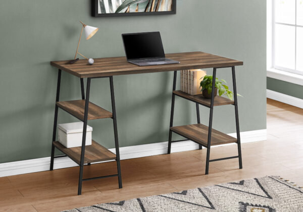 Computer Desk, Home Office, Laptop, Storage Shelves, 48″L, Work, Brown Laminate, Black Metal, Contemporary, Modern