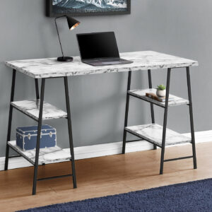 Computer Desk, Home Office, Laptop, Storage Shelves, 48"L, Work, White Marble Look Laminate, Black Metal, Contemporary, Modern