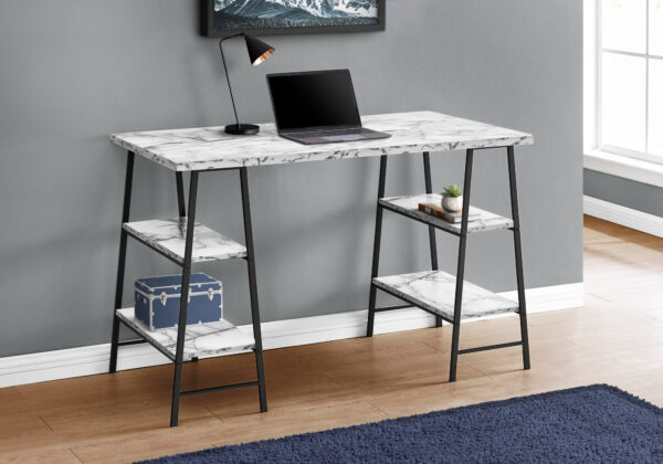Computer Desk, Home Office, Laptop, Storage Shelves, 48″L, Work, White Marble Look Laminate, Black Metal, Contemporary, Modern