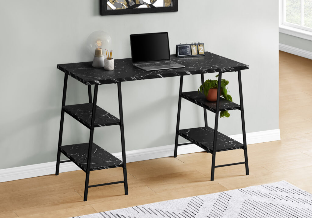 Computer Desk, Home Office, Laptop, Storage Shelves, 48″L, Work, Black Marble Look Laminate, Black Metal, Contemporary, Modern