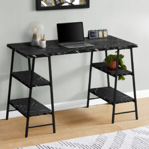 Computer Desk, Home Office, Laptop, Storage Shelves, 48"L, Work, Black Marble Look Laminate, Black Metal, Contemporary, Modern