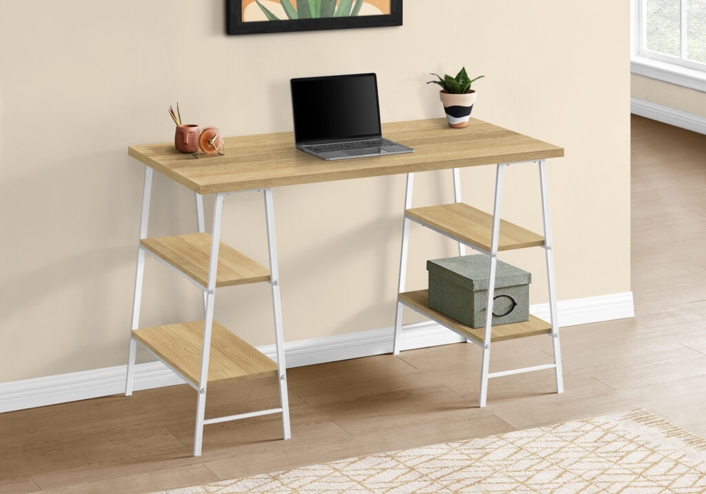 Computer Desk, Home Office, Laptop, Storage Shelves, 48″L, Work, Natural Laminate, White Metal, Contemporary, Modern