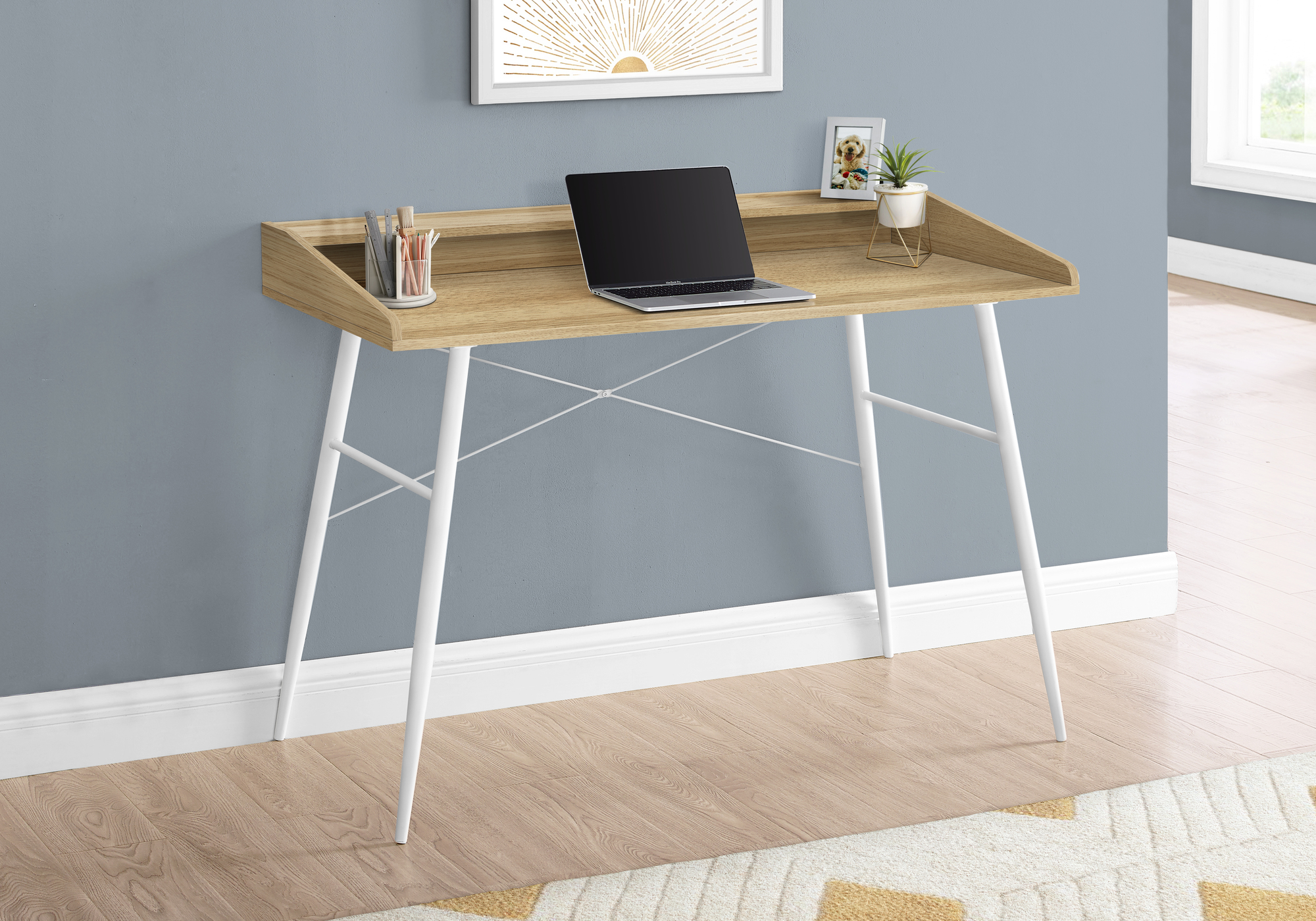 Computer Desk, Home Office, Laptop, Storage Shelves, 48″L, Work, Natural Laminate, White Metal, Contemporary, Modern