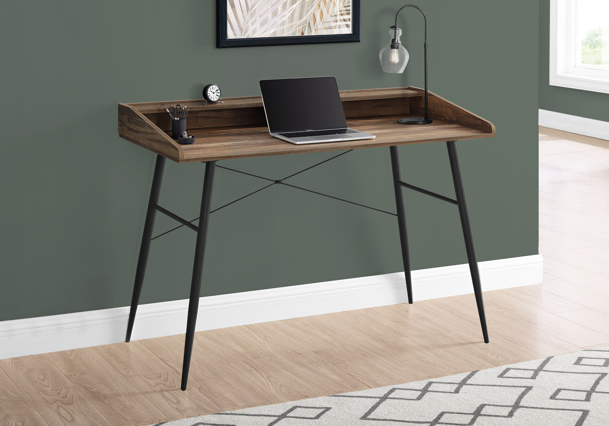 Computer Desk, Home Office, Laptop, Storage Shelves, 48″L, Work, Brown Laminate, Black Metal, Contemporary, Modern