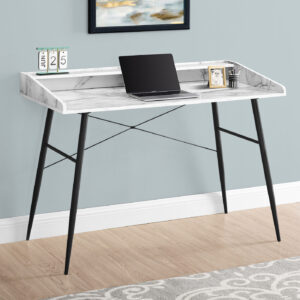 Computer Desk, Home Office, Laptop, Storage Shelves, 48"L, Work, White Marble Look Laminate, Black Metal, Contemporary, Modern