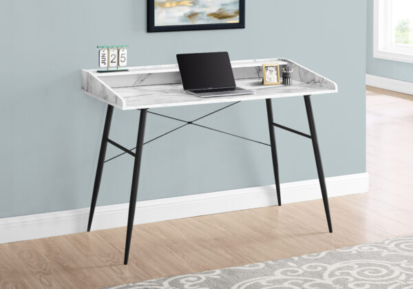 Computer Desk, Home Office, Laptop, Storage Shelves, 48″L, Work, White Marble Look Laminate, Black Metal, Contemporary, Modern