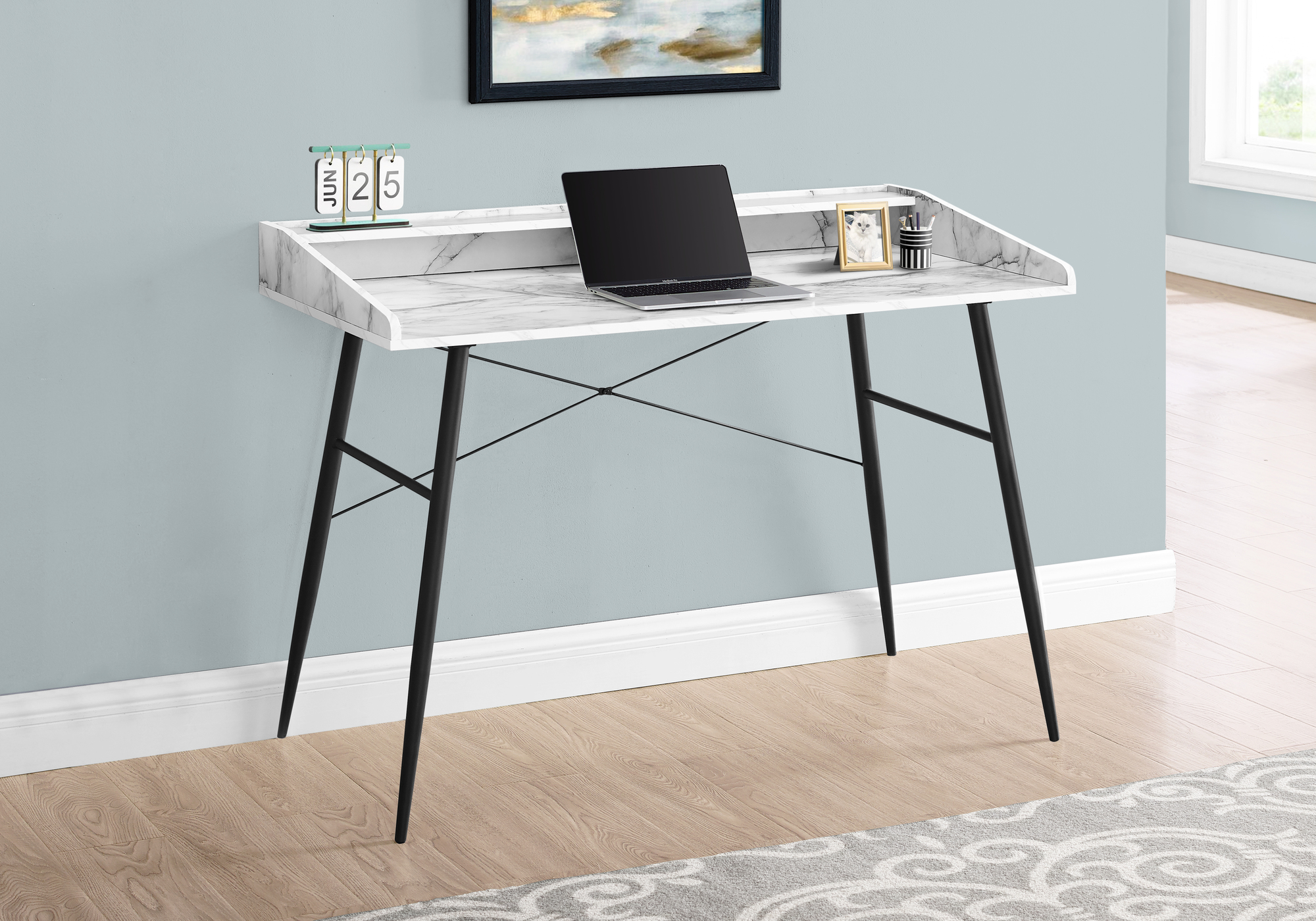 Computer Desk, Home Office, Laptop, Storage Shelves, 48″L, Work, White Marble Look Laminate, Black Metal, Contemporary, Modern