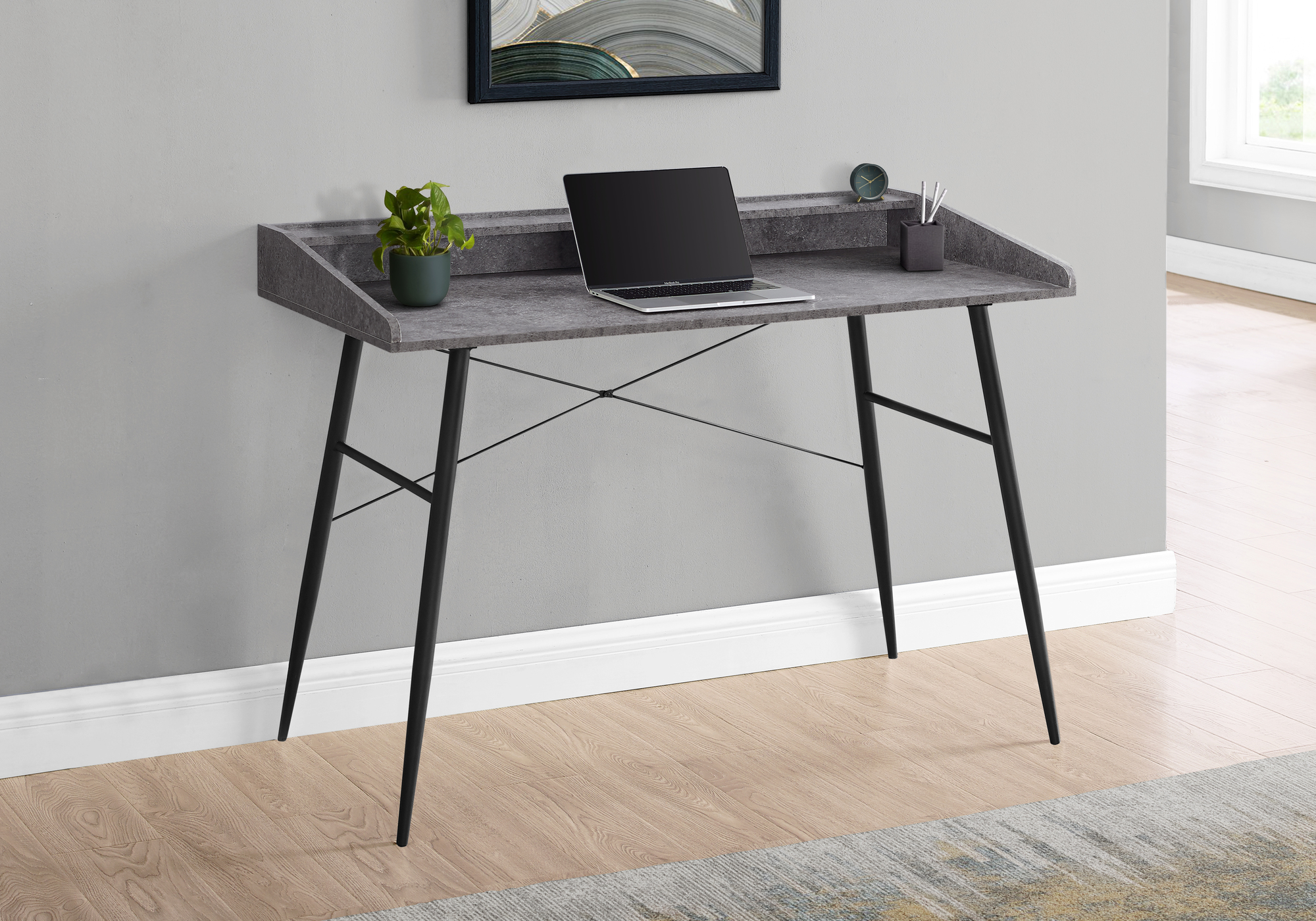 Computer Desk, Home Office, Laptop, Storage Shelves, 48″L, Work, Grey Stone Look Laminate, Black Metal, Contemporary, Modern
