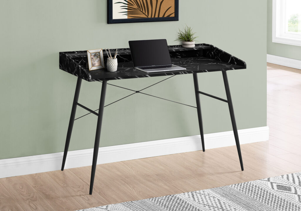 Computer Desk, Home Office, Laptop, Storage Shelves, 48″L, Work, Black Marble Look Laminate, Black Metal, Contemporary, Modern