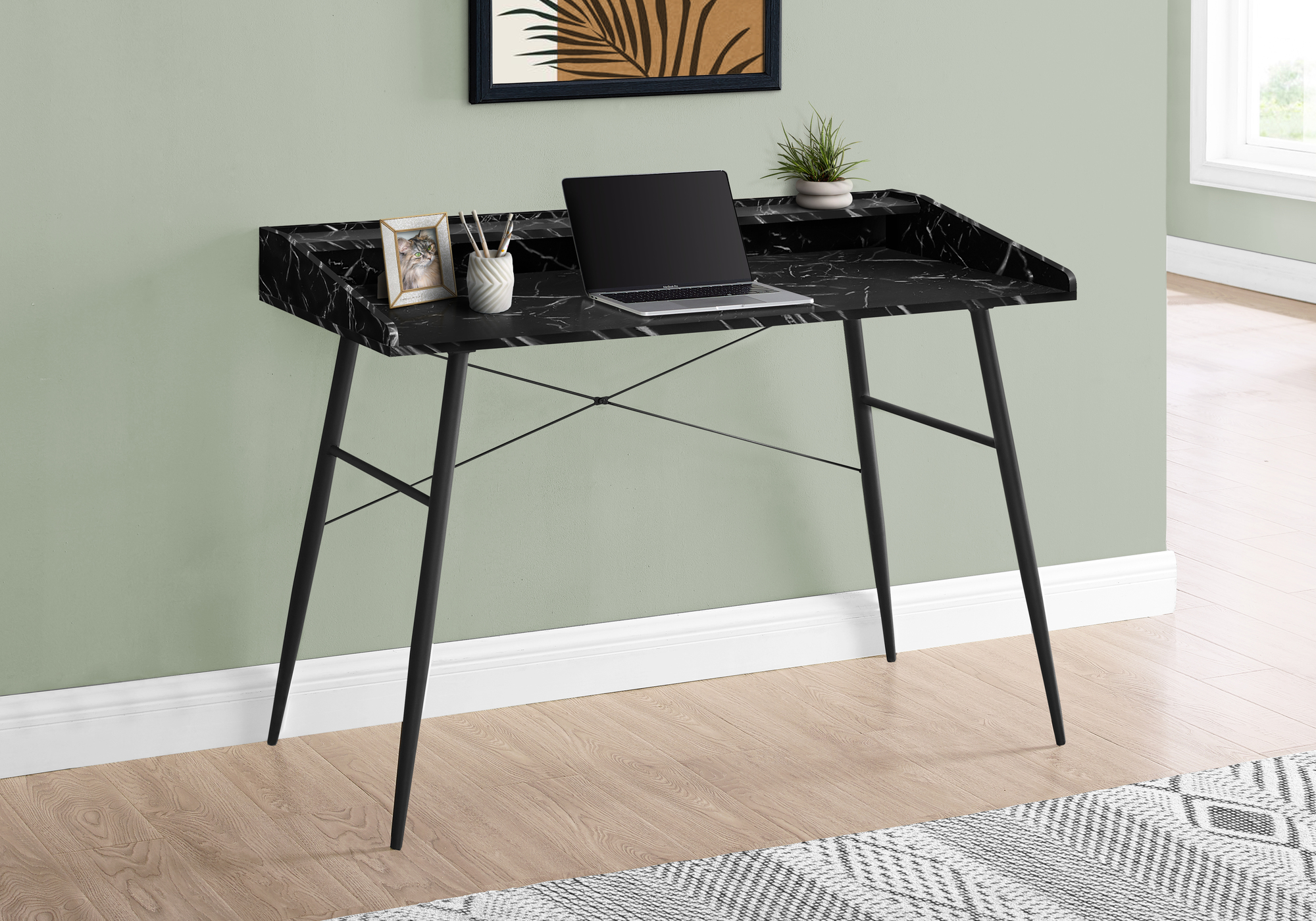 Computer Desk, Home Office, Laptop, Storage Shelves, 48″L, Work, Black Marble Look Laminate, Black Metal, Contemporary, Modern