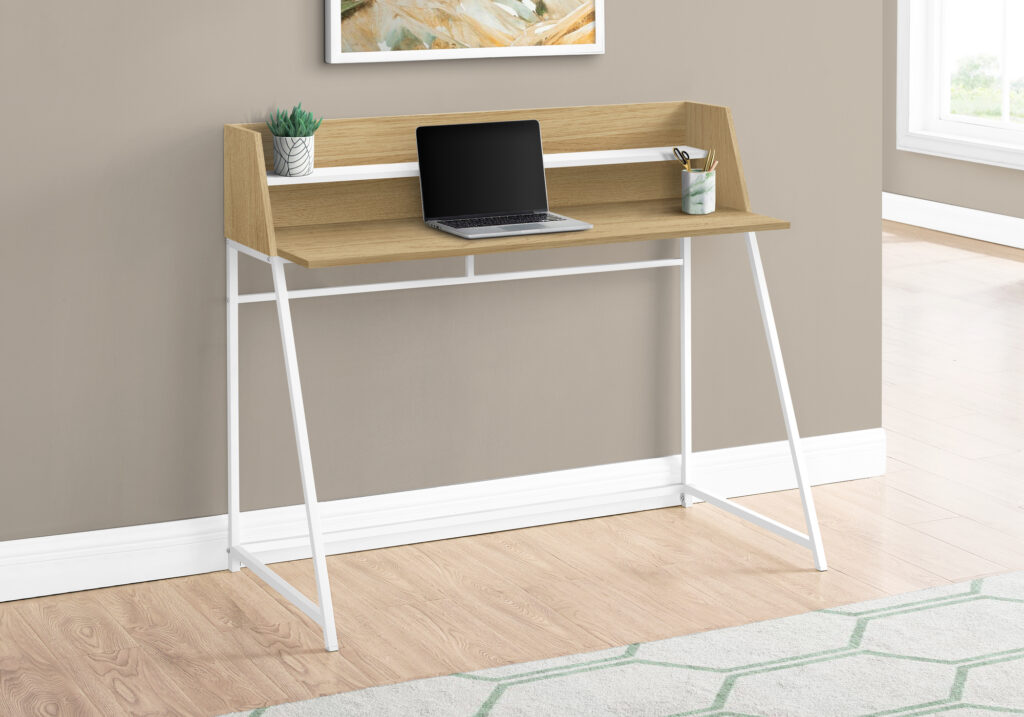 Computer Desk, Home Office, Laptop, Storage Shelves, 48″L, Work, Natural Laminate, White Metal, Contemporary, Modern