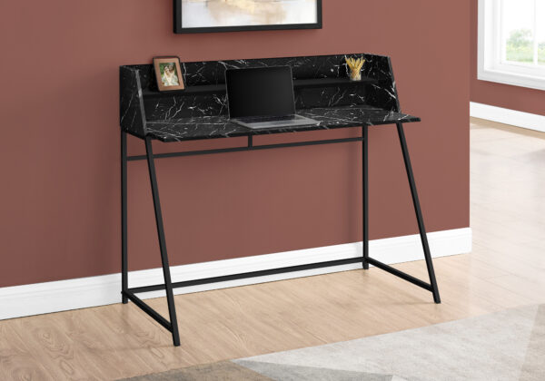Computer Desk, Home Office, Laptop, Storage Shelves, 48″L, Work, Black Marble Look Laminate, Black Metal, Contemporary, Modern